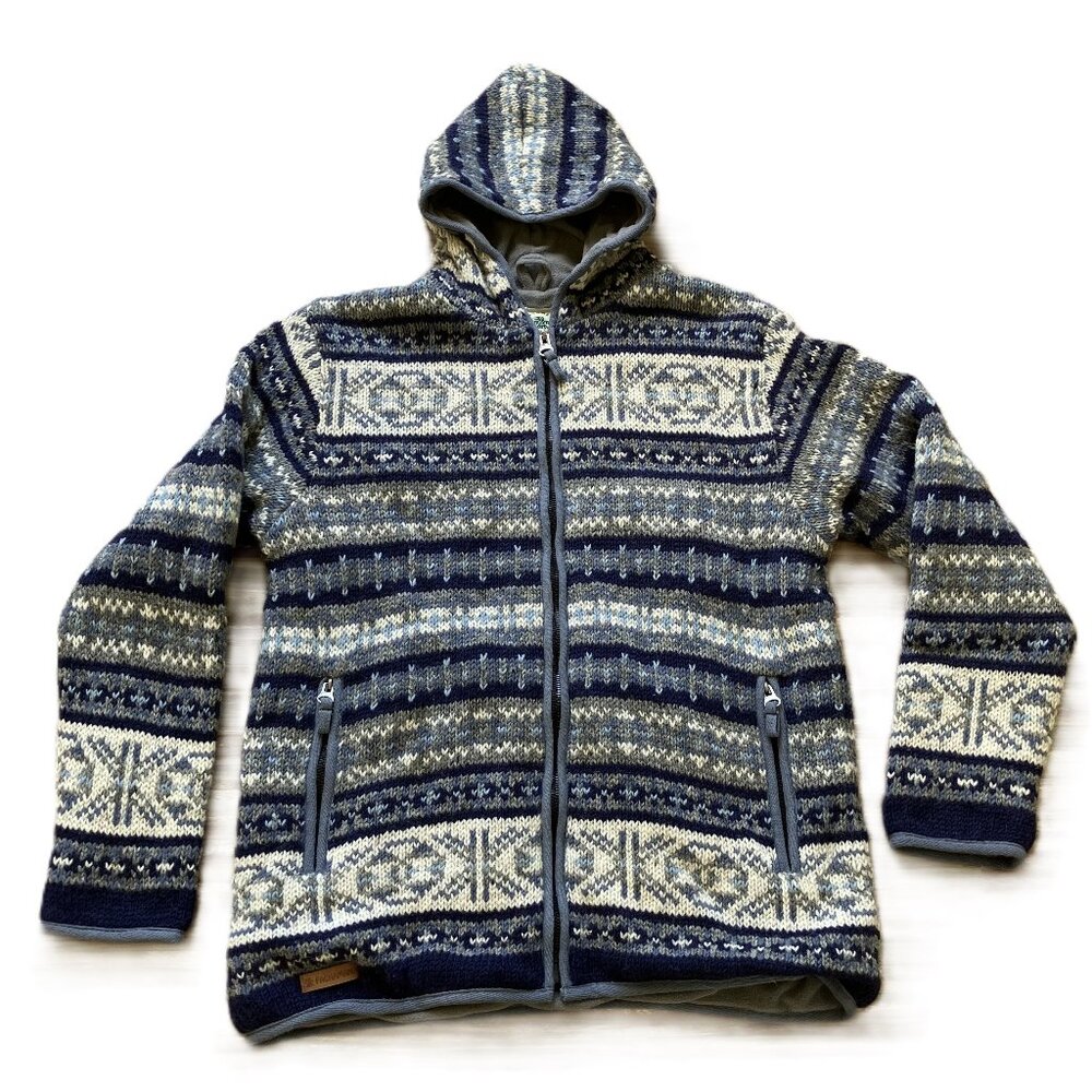 Pachamama Wool Cardigan Zip Up Sweater Hooded Fleece Lined Knit in Nepal M/Lg